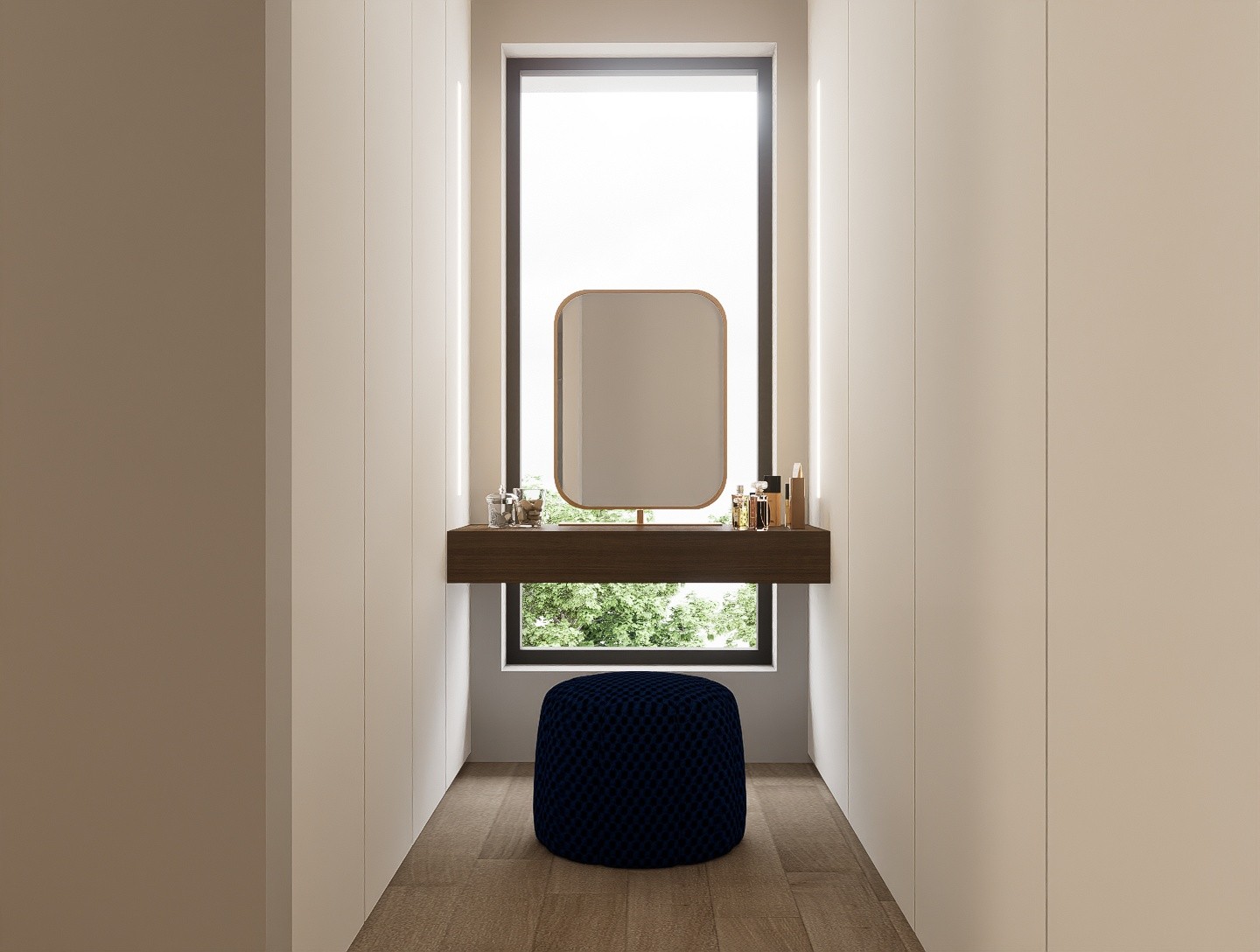 Custom-detailed makeup vanity in a Nicosia residence, featuring a bespoke-authored floating timber desk and integrated vertical lighting for optimal facial illumination by topos design studio