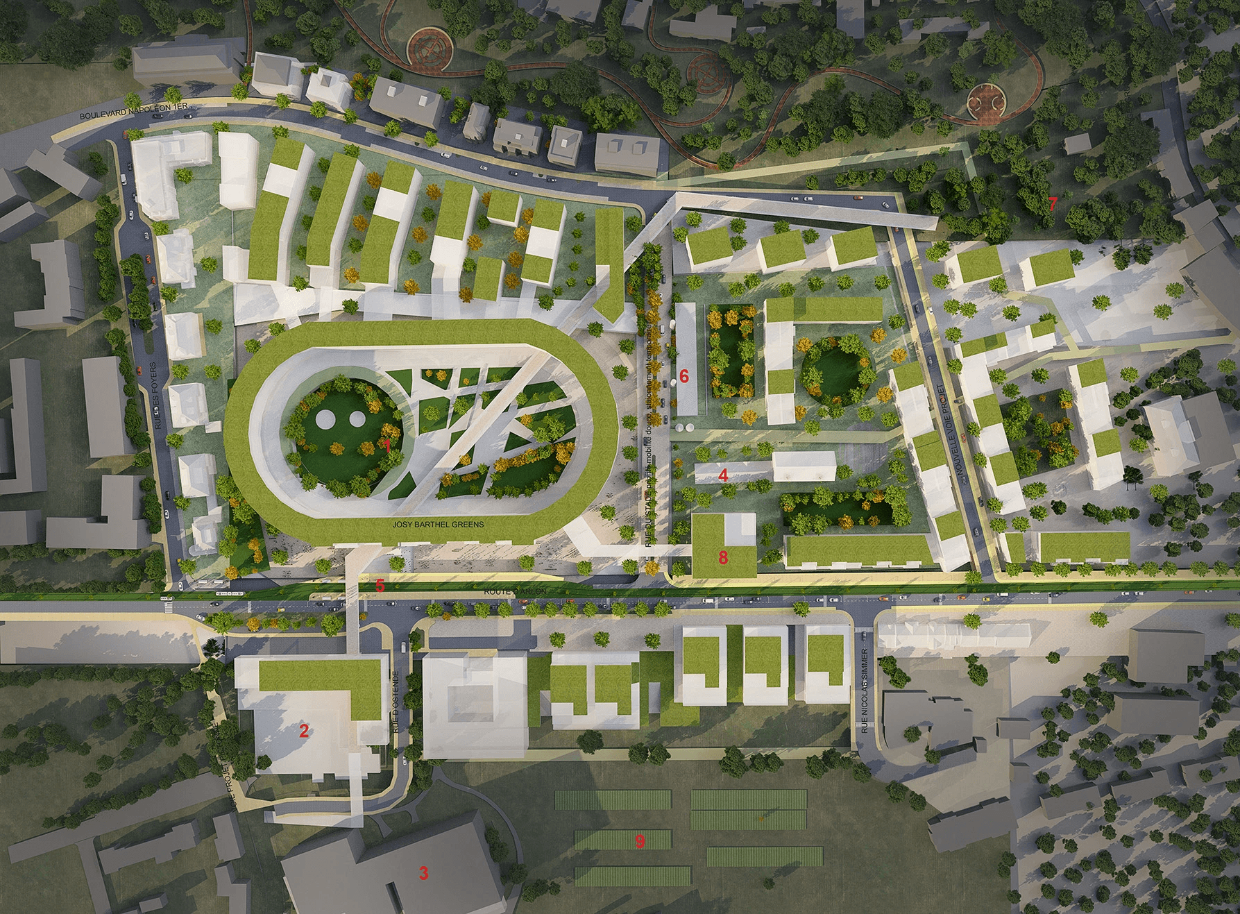 Urban planning concept for Josy Barthel Stadium site in Luxembourg, featuring housing, green spaces, soft mobility and community amenities.