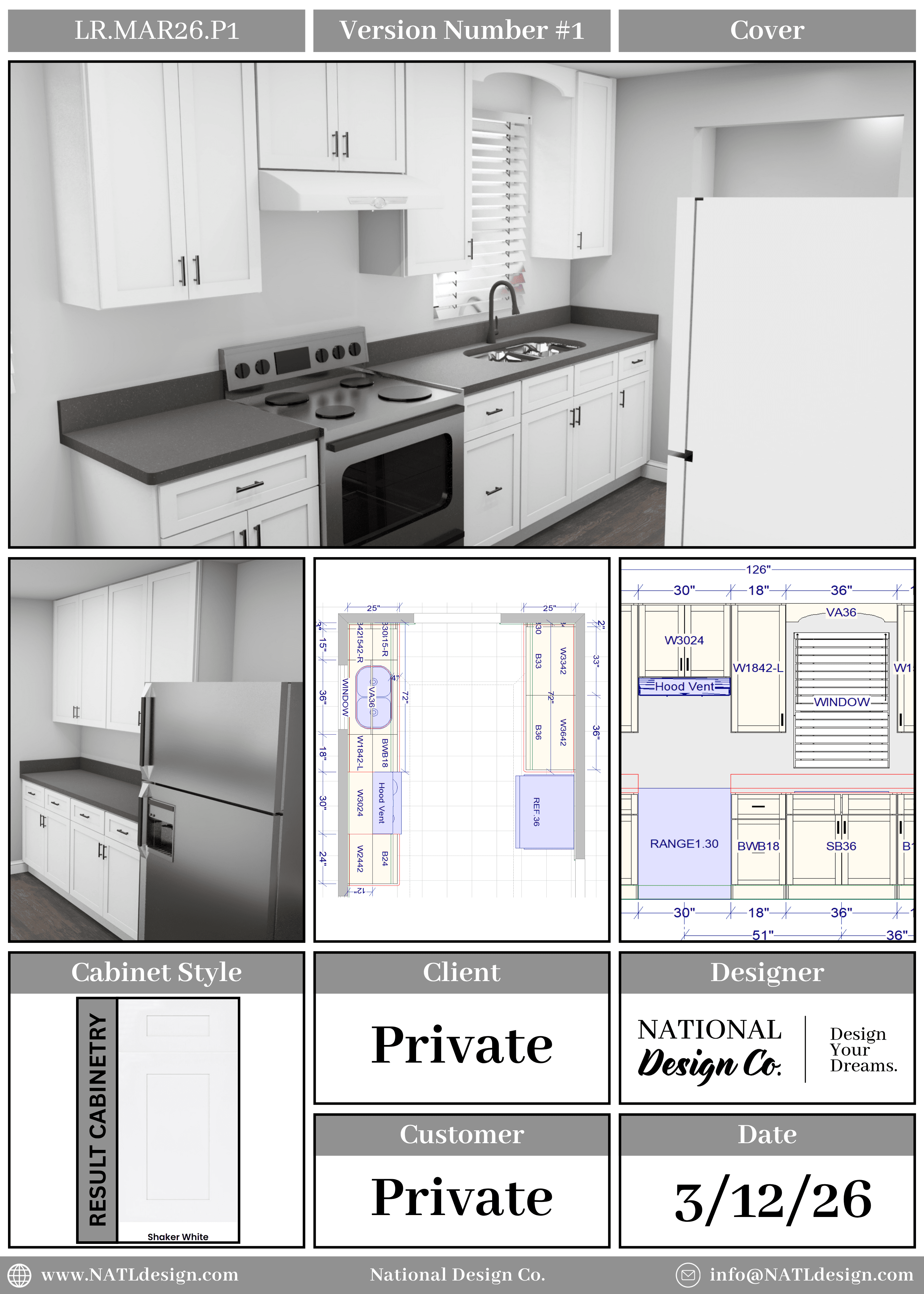 Portfolio Image #19 Sample collage cover page consisting of 4 images of a kitchen design that features a 3D rendering of a modern kitchen with white cabinetry, stainless steel appliances, a peninsula with a sink and bar seating, light-colored walls, and wood flooring.