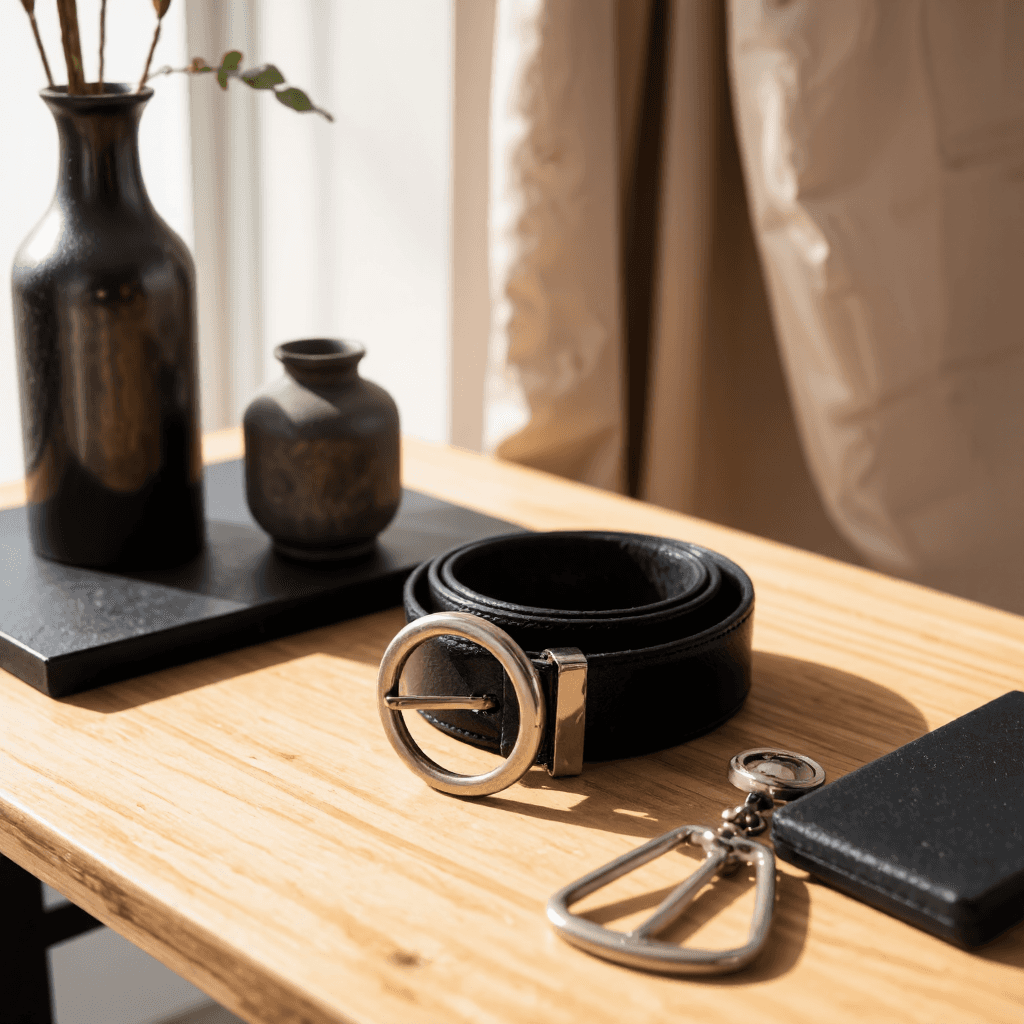 product photography of black leather belt