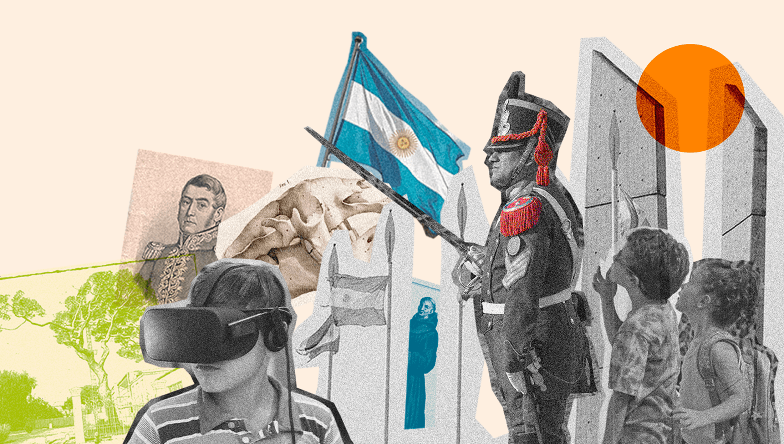 Collage con símbolos de la historia y cultura argentina, incluyendo un soldado histórico, niños observando, una bandera argentina y un niño con gafas de realidad virtual.
