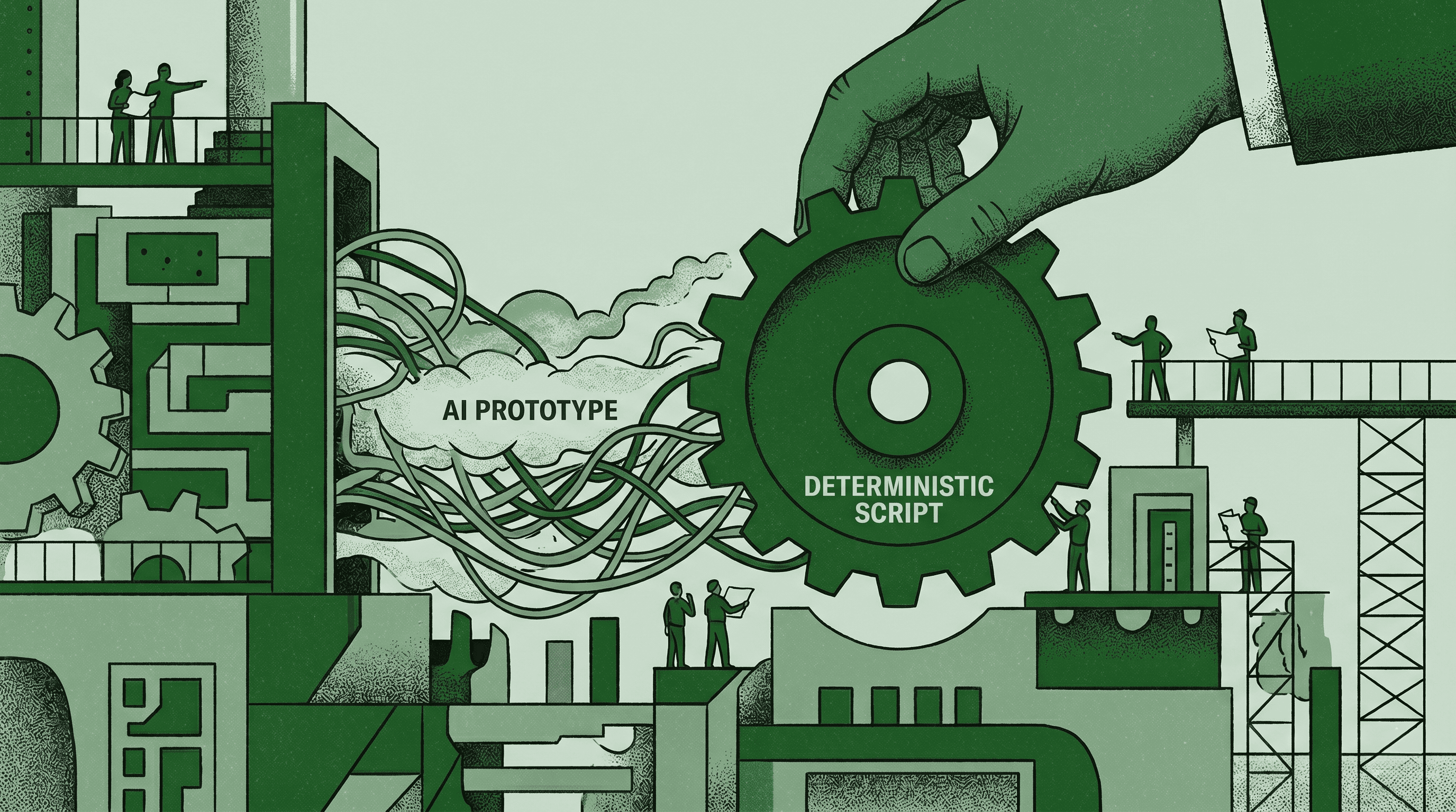 A hand places a "DETERMINISTIC SCRIPT" gear to stabilize a chaotic machine emitting an "AI PROTOTYPE" cloud, in a retro-style illustration.