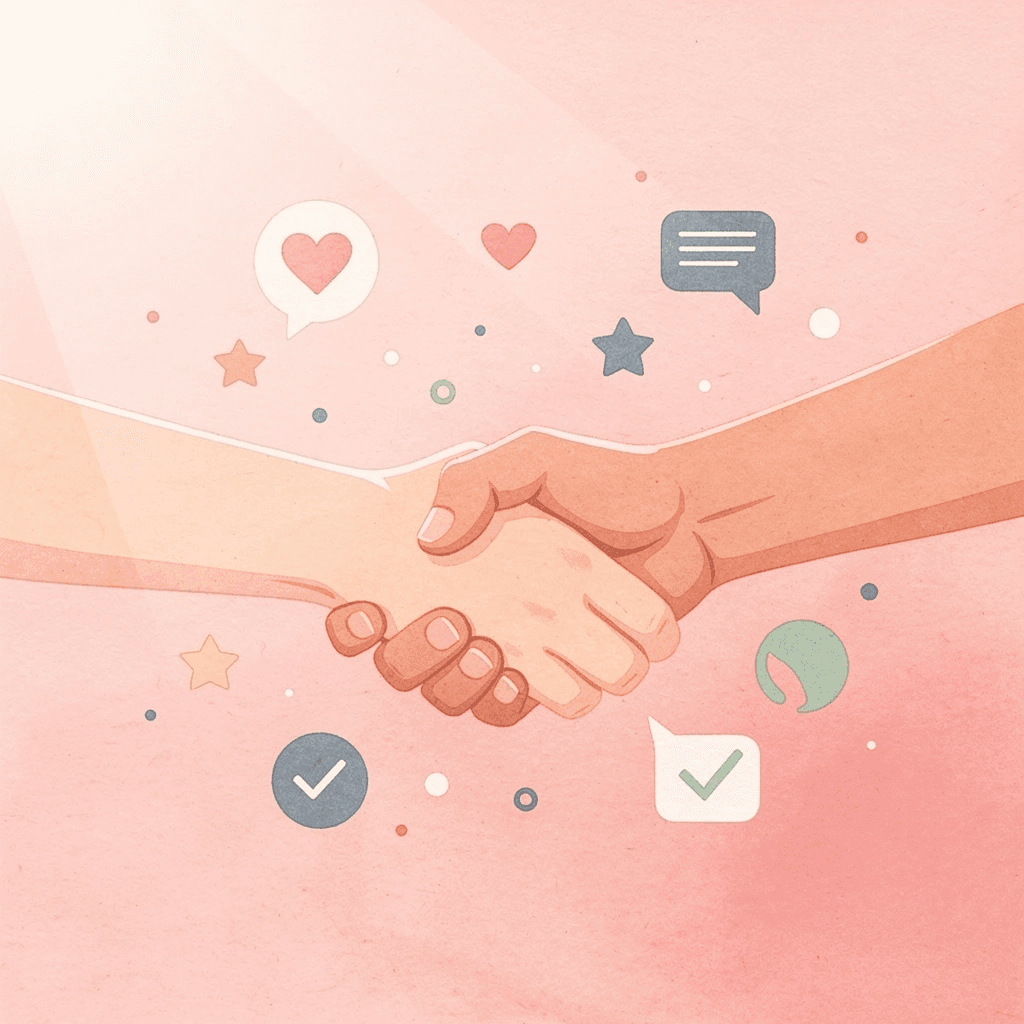 Handshake scene with floating icons representing Arabic greetings and social connections