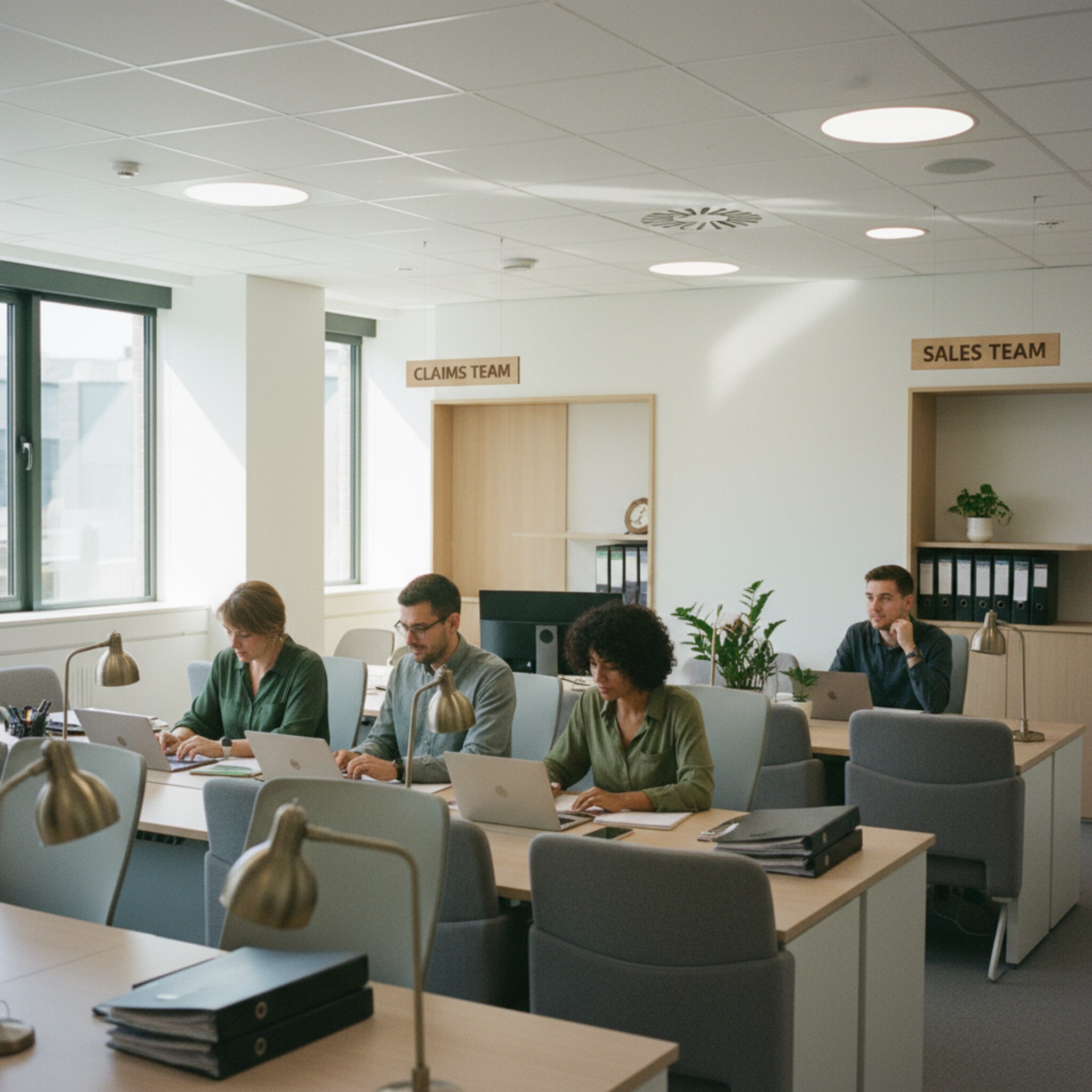 Ein Bereich mit klar markierten Teamzonen, an der Decke dezente Leitsysteme. Ein Team der Schadenregulierung nimmt Plätze nebeneinander ein, während in der Nachbarzone Vertrieb konzentriert arbeitet. Helles, ruhiges Licht und geordnete Schreibtische vermitteln Struktur und Verlässlichkeit.