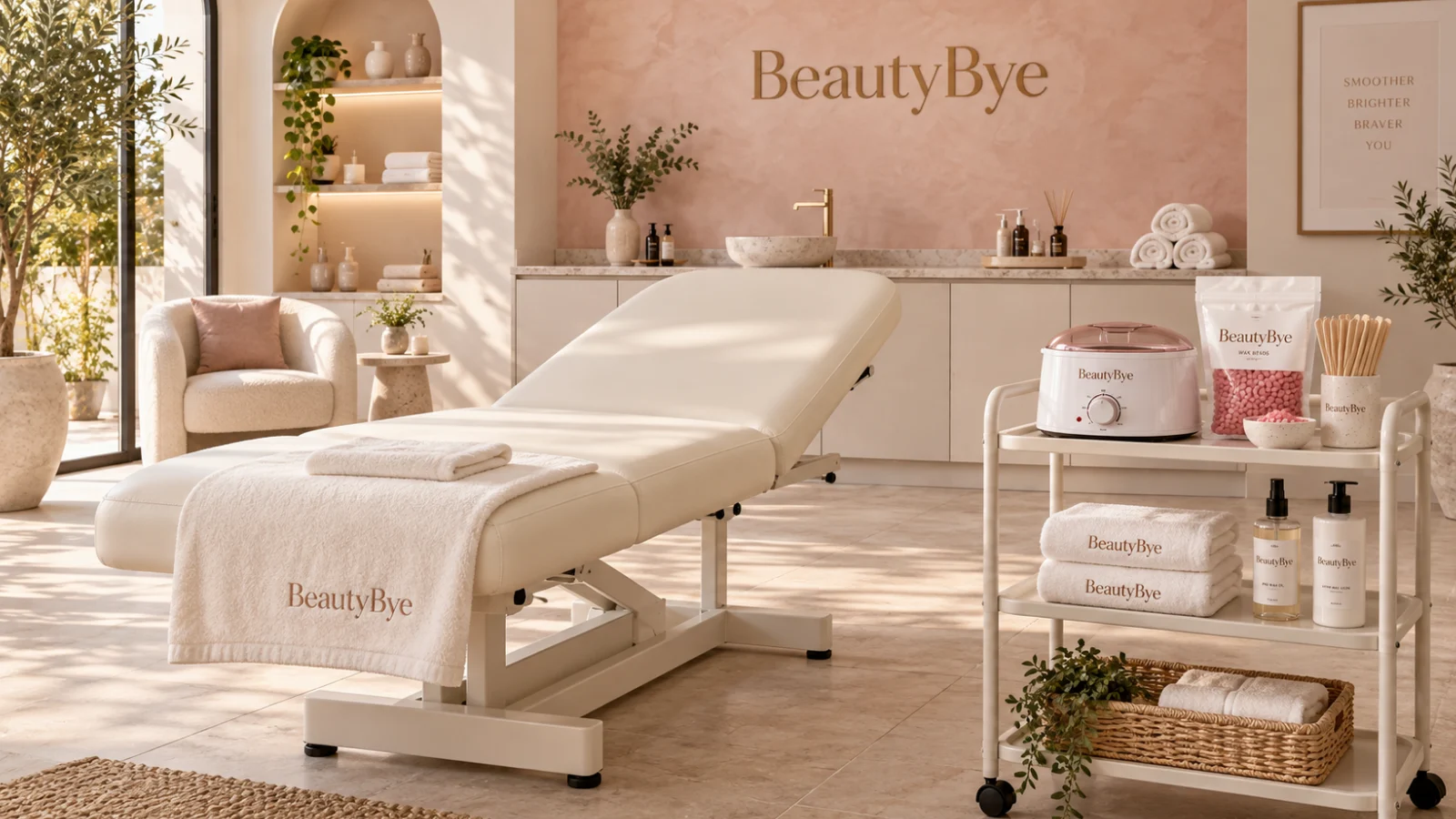 BeautyBye waxing room with a treatment couch, trolley, wax heater and salon supplies