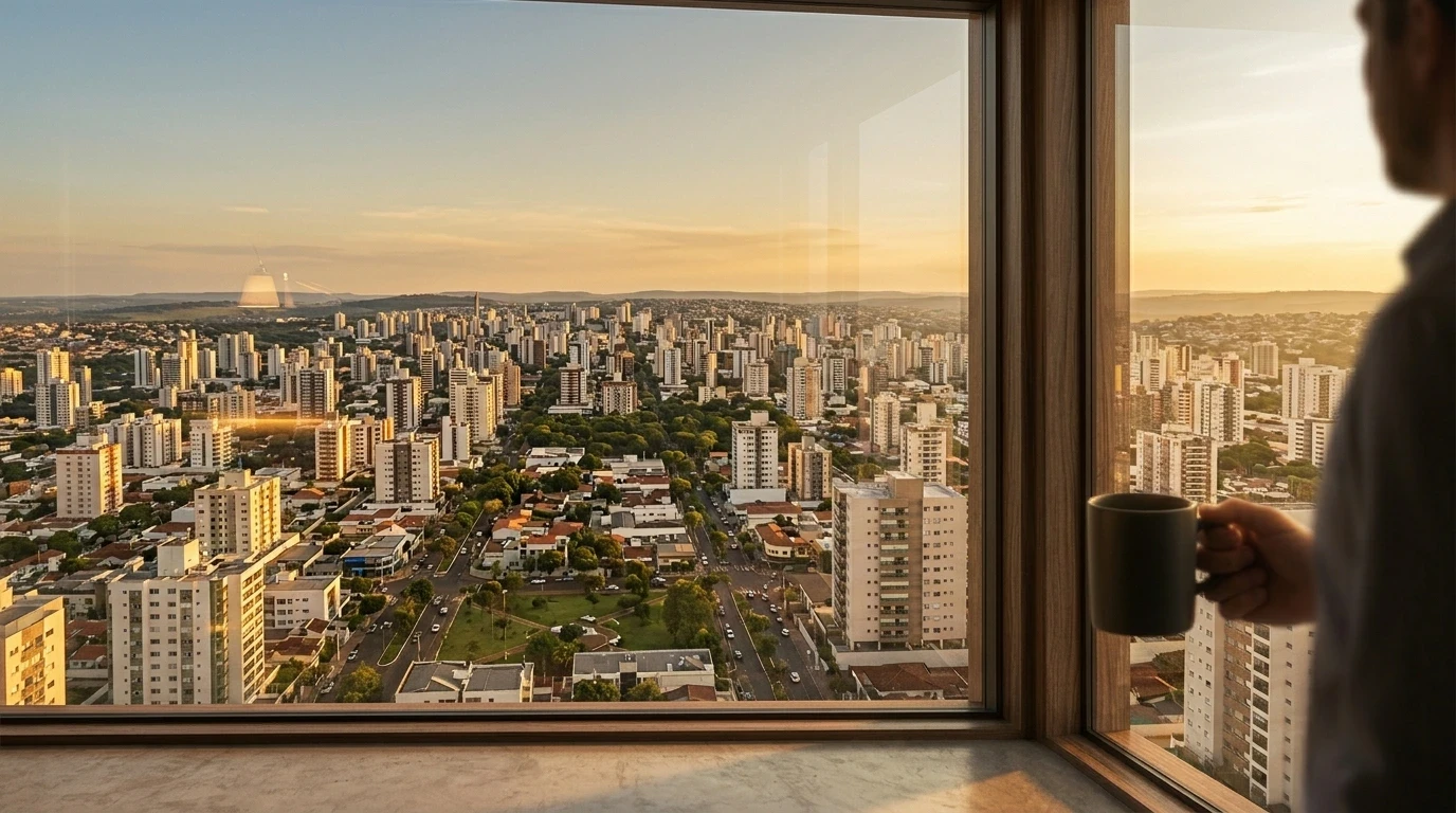 Vista panorâmica de Uberlândia, polo empresarial do Triângulo Mineiro, com horizonte iluminado pelo entardecer. Cidade com mercado consolidado para investimento em mídia paga.