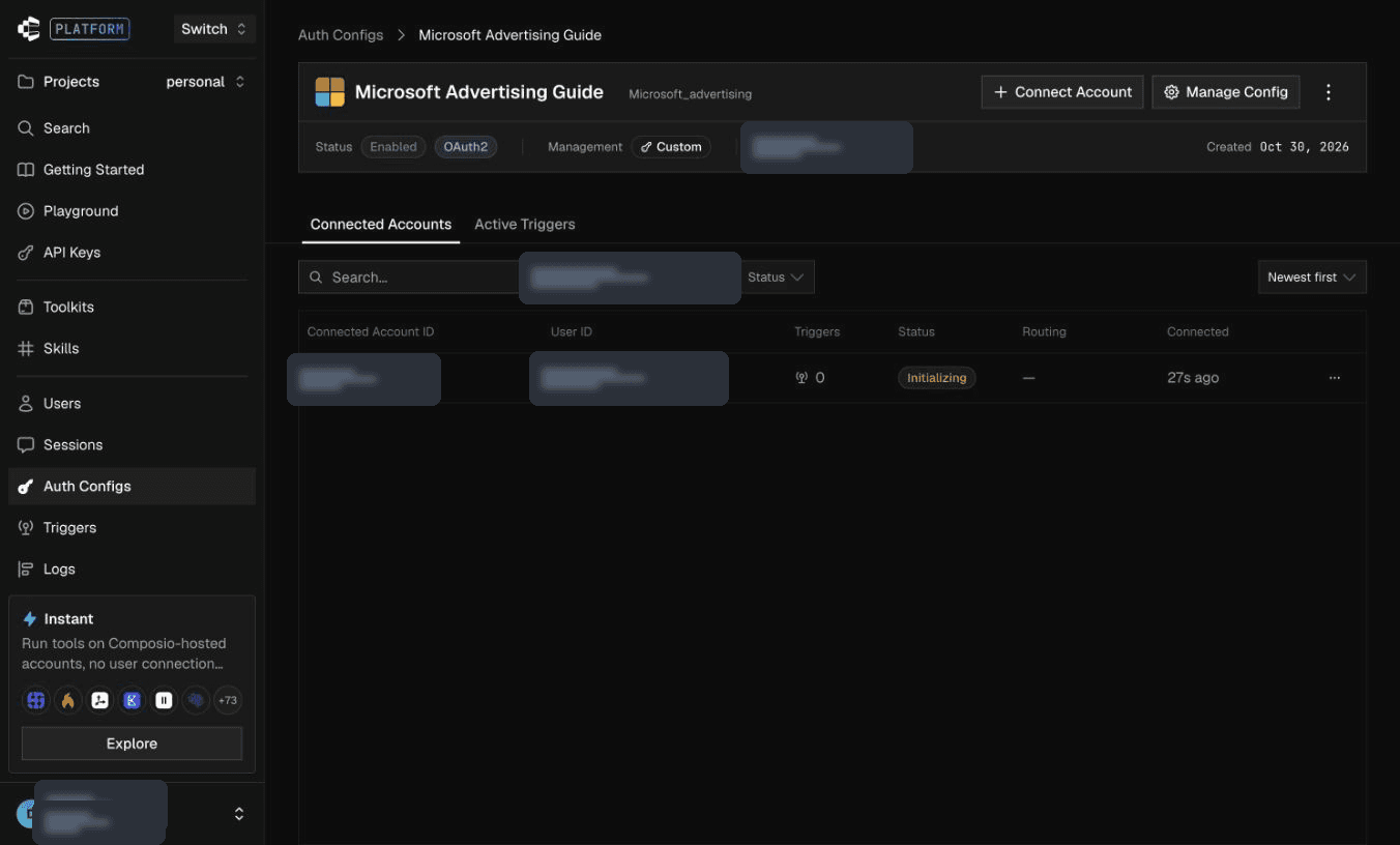 Connect Account on the Microsoft Advertising config