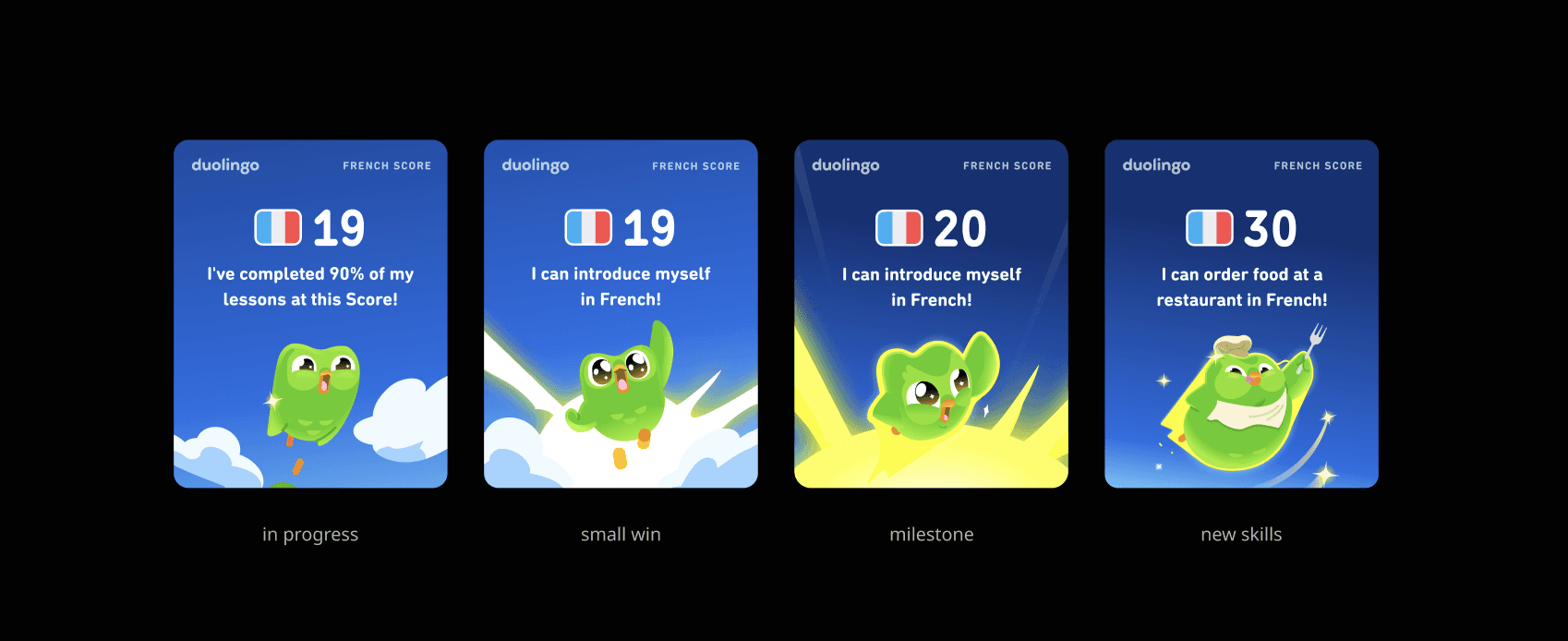 Four Score sharing cards showing progress, a small win, a milestone, and a newly unlocked skill