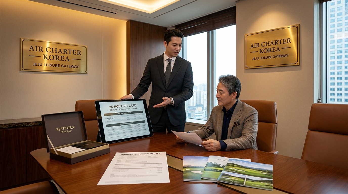 ACK Jeju Airport charter advisory — golf, second home, and family leisure with aircraft matching, jet card, golf course access, and integrated BestTurn VIP escort