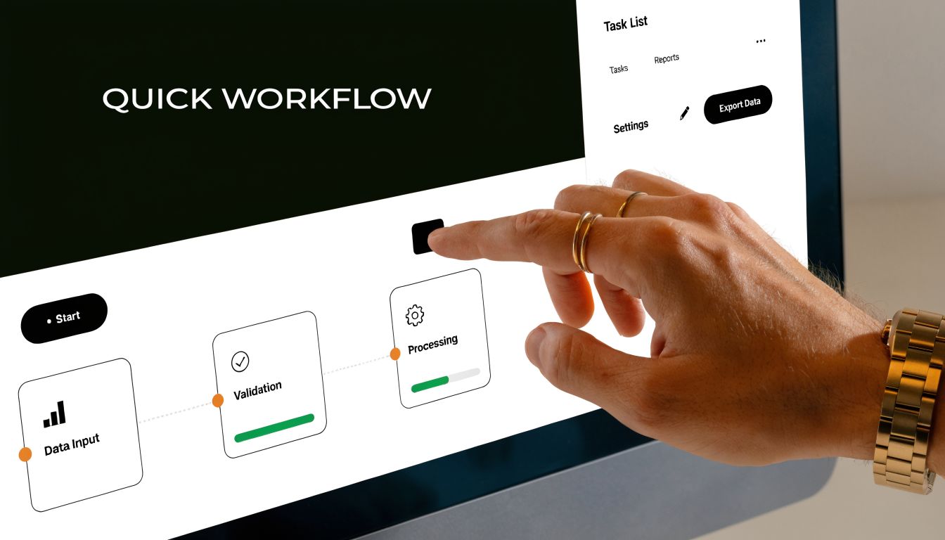 A hand interacting with a digital touchscreen display showing a business workflow process with icons and text.