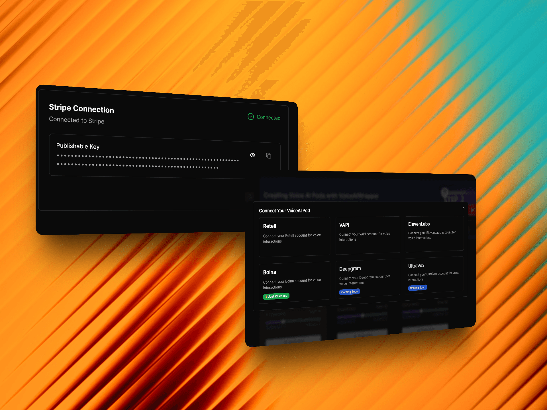 AI phone assistant with multi-provider white label for agencies VoiceAIWrapper showing Stripe Connection with secure key integration and Connect Your VoiceAI Pod interface featuring Retell, VAPI, ElevenLabs, Bolna, Deepgram, and UltraVox provider options with Just Released connection status for white label voice AI setup | VoiceAIWrapper