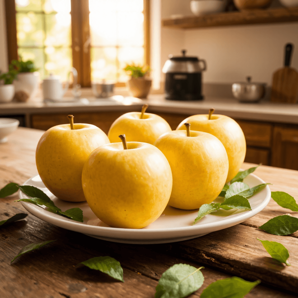 product photography of a plate of fruit, specifically yellow apples