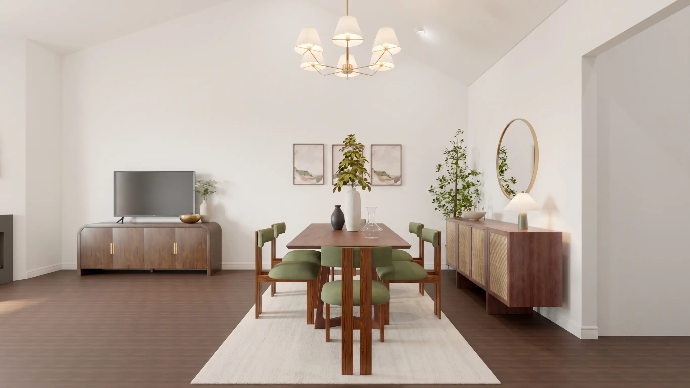 Modern dining room design with wood table, green upholstered chairs, brass chandelier, and minimalist neutral decor.