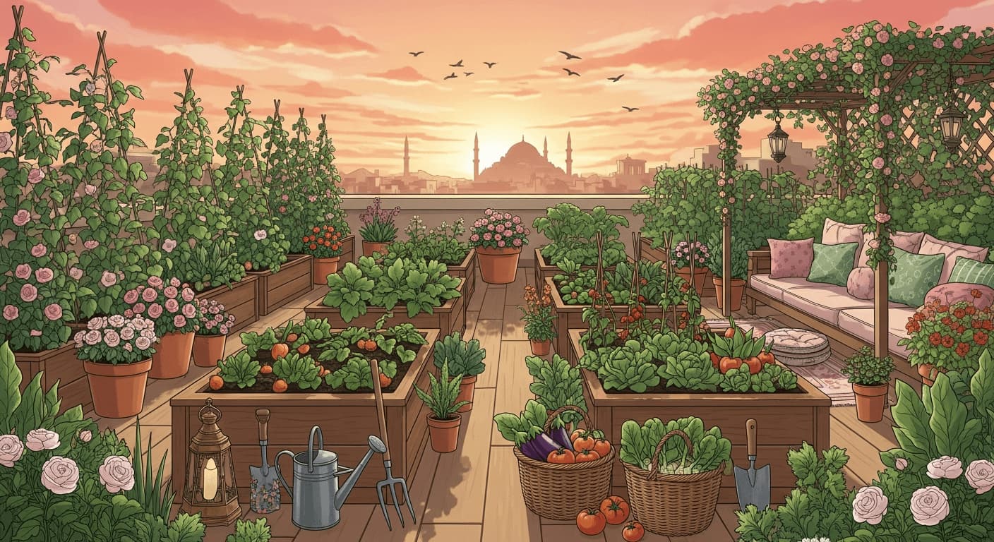 Rooftop garden in Istanbul with vegetable beds, flowers, seating, and a mosque skyline at sunset.