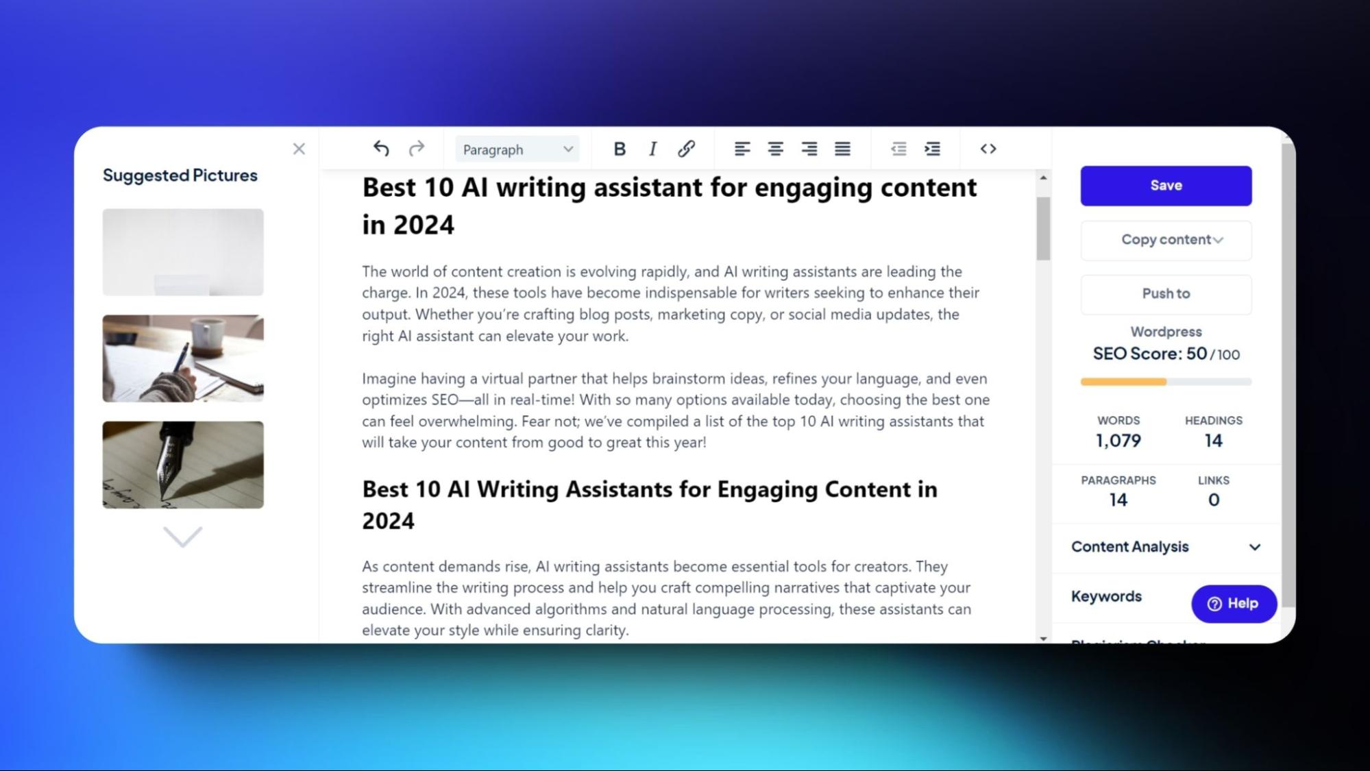 Snapshot of Copymatic's blog writer titled "Best 10 AI Writing Assistants for Engaging Content in 2024," showing SEO score and content analysis for optimal performance.