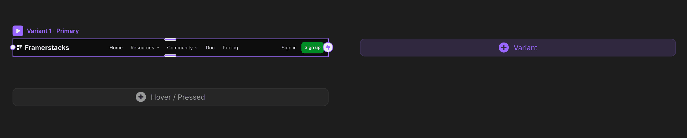 a framer canvas showing how to create a variant.
