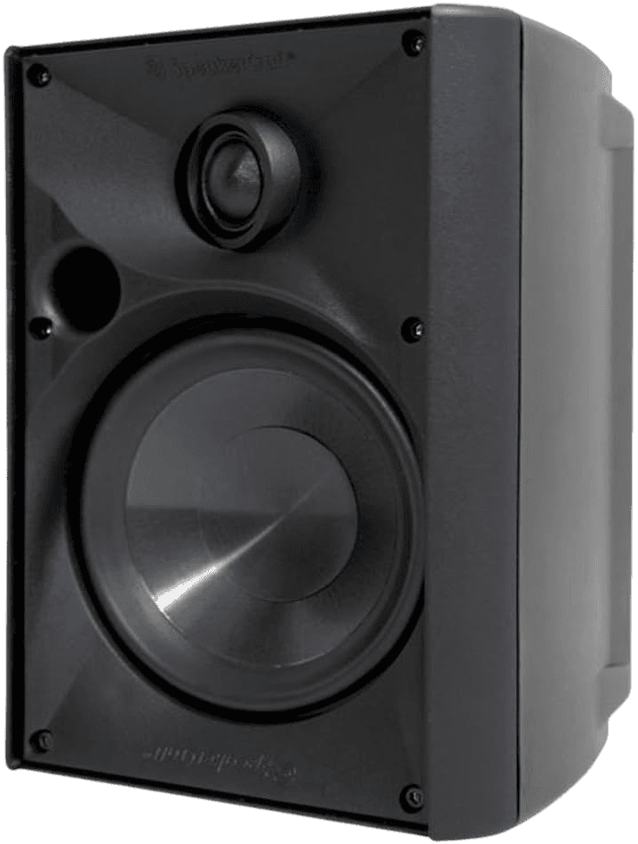 Black outdoor speaker with woofer and tweeter