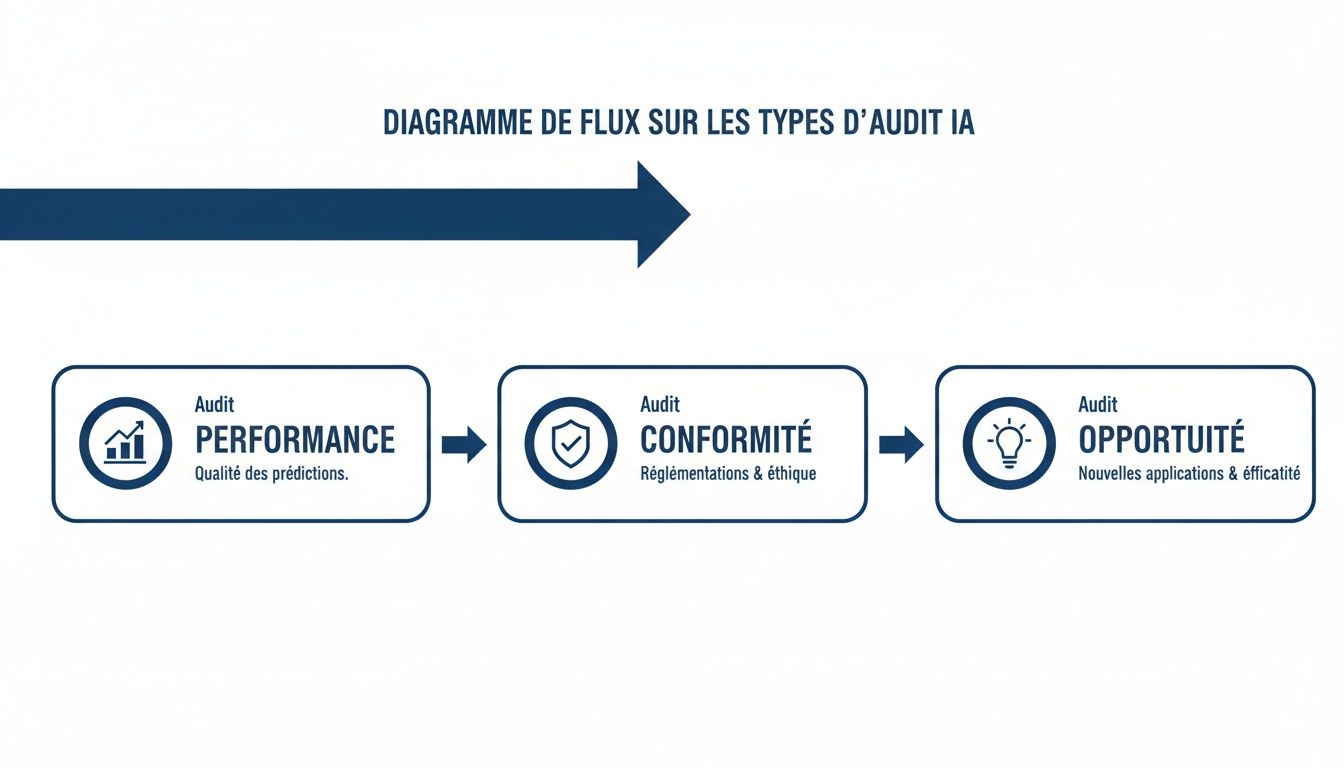 Diagramme de flux décrivant les trois types d'audit IA: performance, conformité et opportunité, avec leurs caractéristiques.