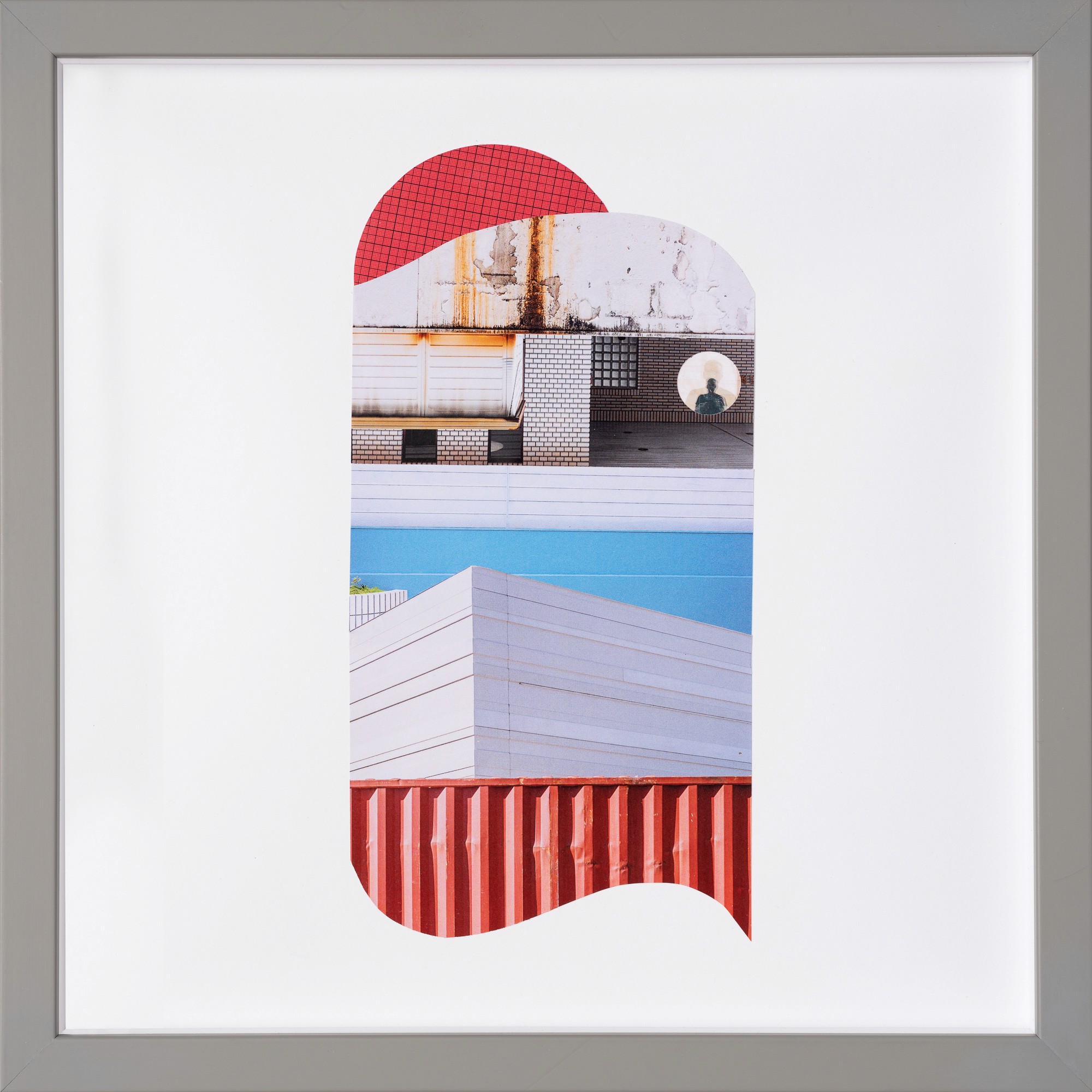 Abstract cutout collage combining architectural textures: peeling paint, gridded windows, corrugated siding, and a red container. A circular portrait photo appears embedded in one segment, adding a human note within the architectural patchwork.