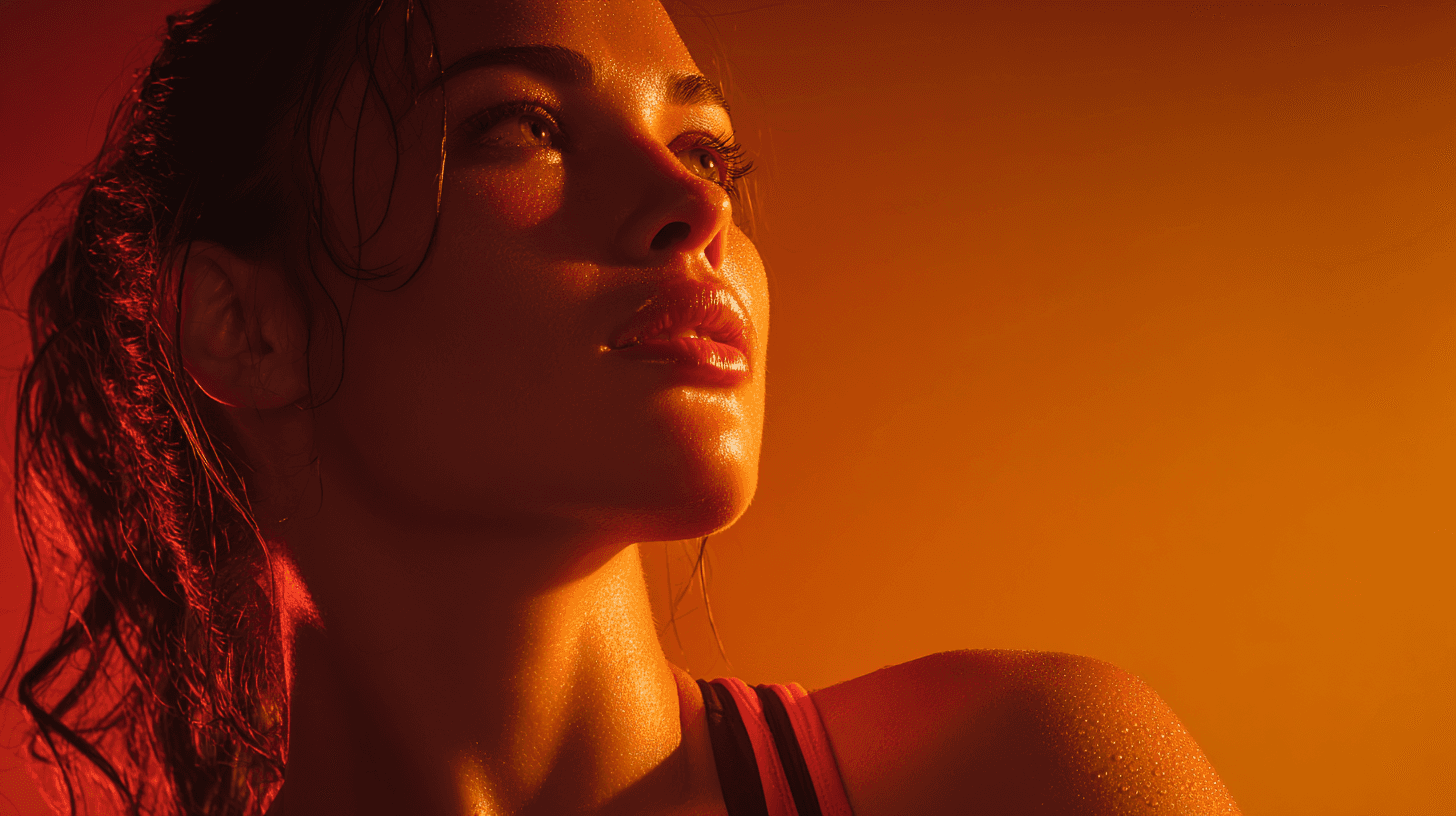 fitness portrait women working with gym equipment, looking slightly upward confidently