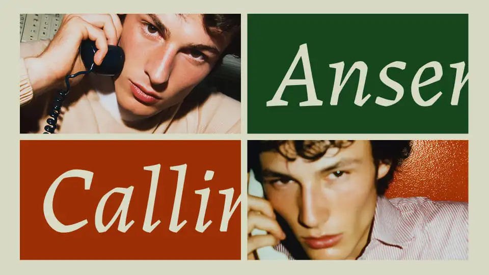 Grid-style graphic design featuring retro-inspired photography of a man on a telephone, paired with bold, vintage-style serif typography in green and orange blocks.