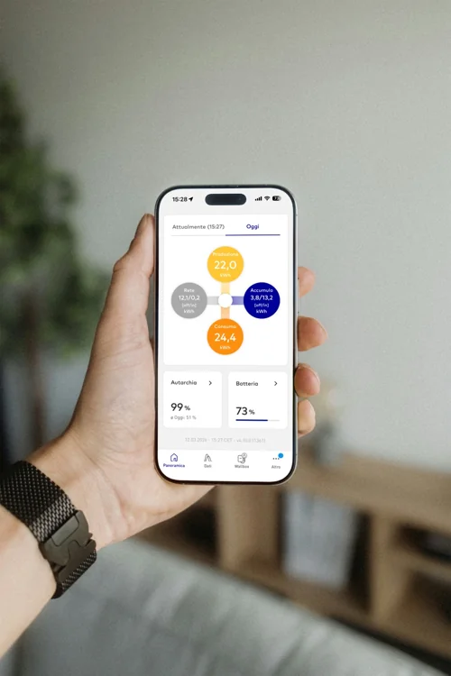 Smartphone in mano con app di monitoraggio impianto fotovoltaico che mostra produzione, consumo energetico e livello batteria.