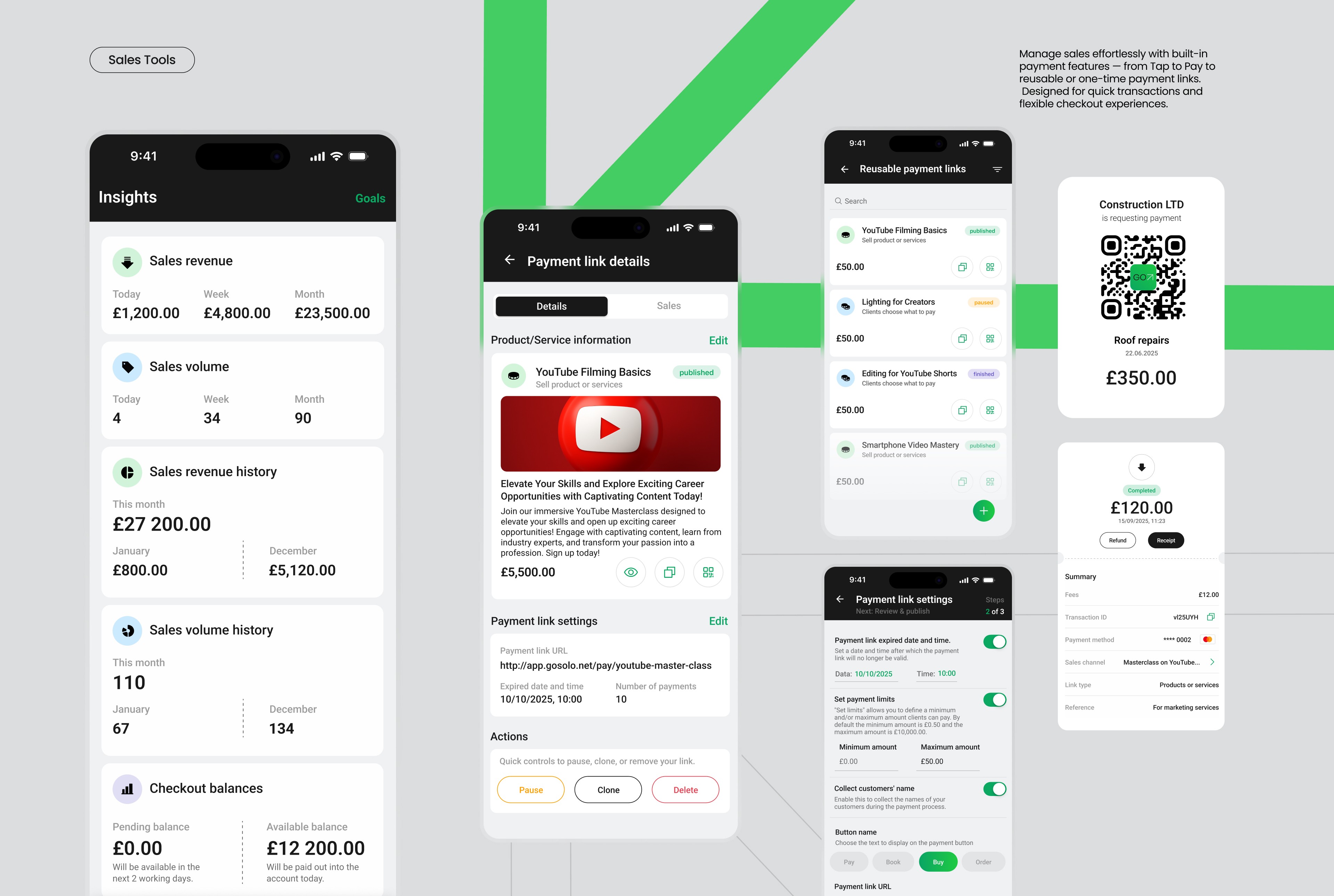Sales tools interface showing Tap to Pay and payment link options for quick SME transactions.