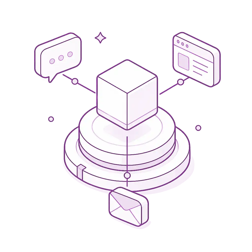 sometric illustration of an AI cube on a circular platform, connected to a chat bubble, browser window, and email icon, representing communication and automation.