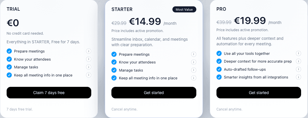Himala pricing cards: Trial €0 (7 days), Starter €14.99/month (most value), and Pro €19.99/month, listing prep, attendee intel, tasks, and integrations.
