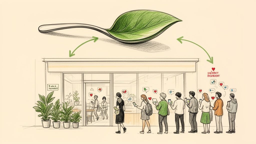 A green leaf on a spoon symbolizes a 'secret ingredient' for a busy vegan and plant-based restaurant, attracting social media users.