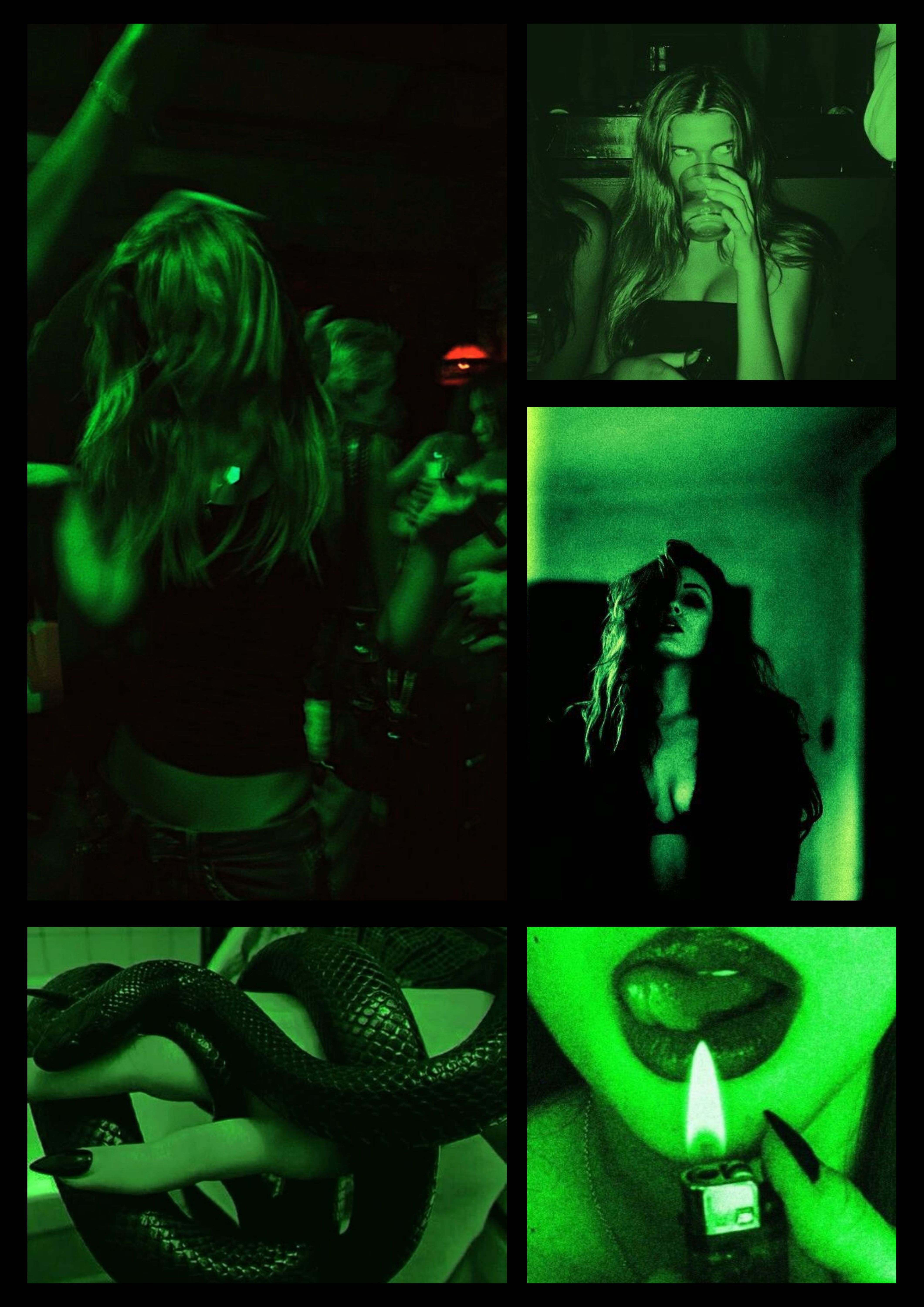 Green toned moodboard showing chaotic nightlife scenes, dark club lighting, and fragmented imagery representing Angel’s stage identity before the rebrand.