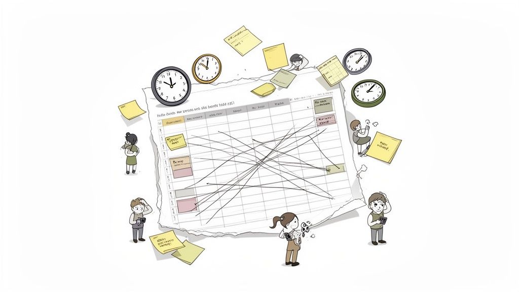 Illustration of frustrated people managing complex schedules, tasks, and deadlines with many clocks.