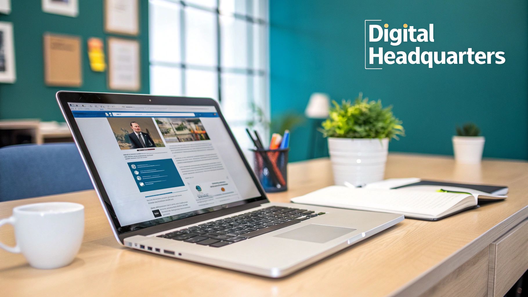 A modern workspace with a laptop displaying a professional's profile, a coffee mug, and a plant. 'Digital Headquarters' on the wall.
