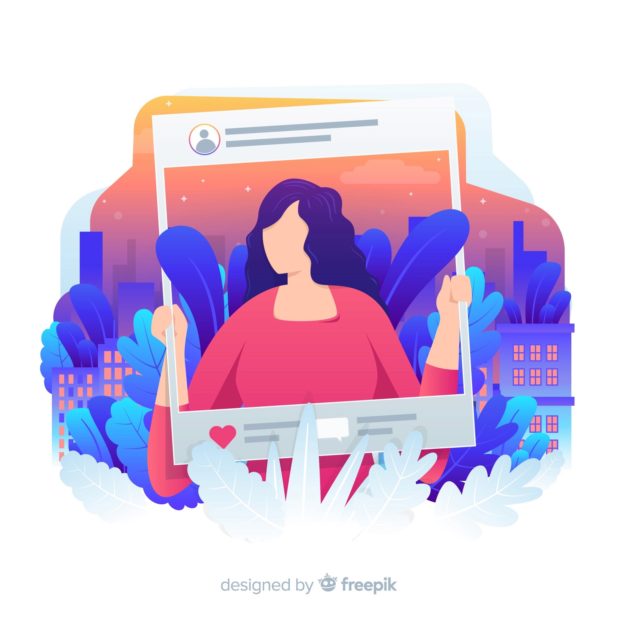 Illustration of a woman holding a large social media post frame against a colorful cityscape backdrop.