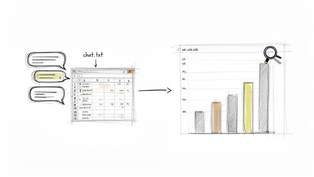 Hand-drawn sketch illustrating chat messages converted into a spreadsheet and then visualized as a bar chart for analysis.