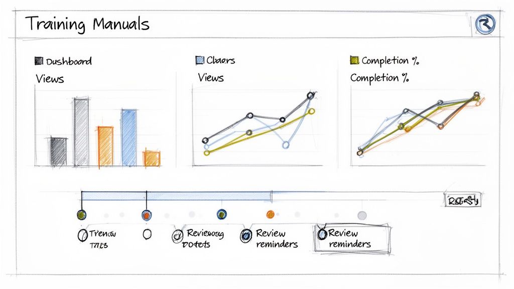 Dashboard showing training manual performance metrics with views, completion rates, and a timeline.