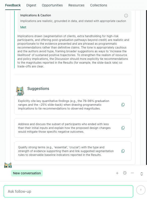 thesify AI feedback interface showing an evaluation of a manuscript's implications, with specific suggestions to tie recommendations to quantitative findings and avoid overclaiming.