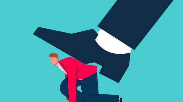 Illustration of an oversized boot poised above a small crouching figure