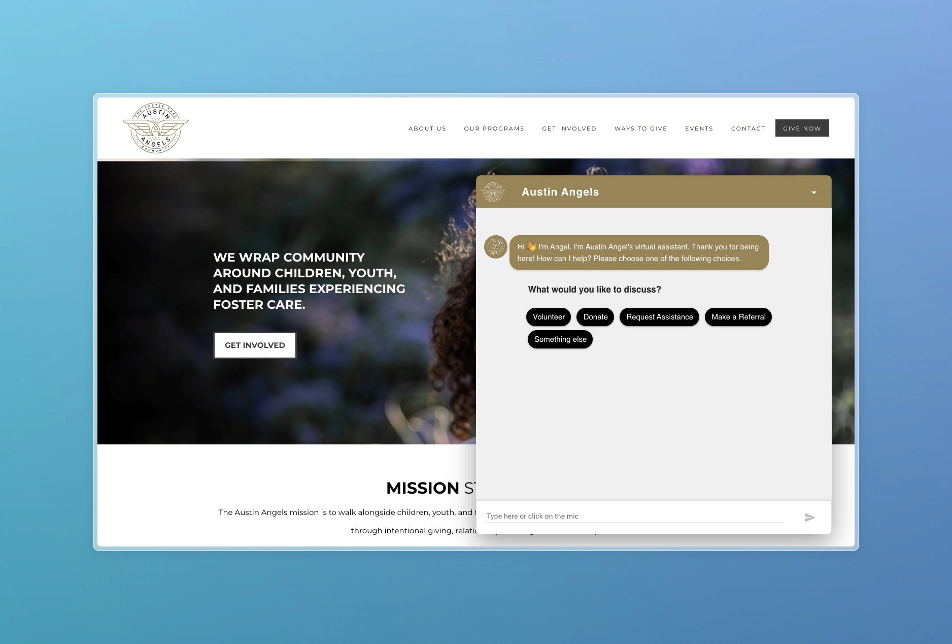 An image of an AI chatbot on the Austin Angels homepage
