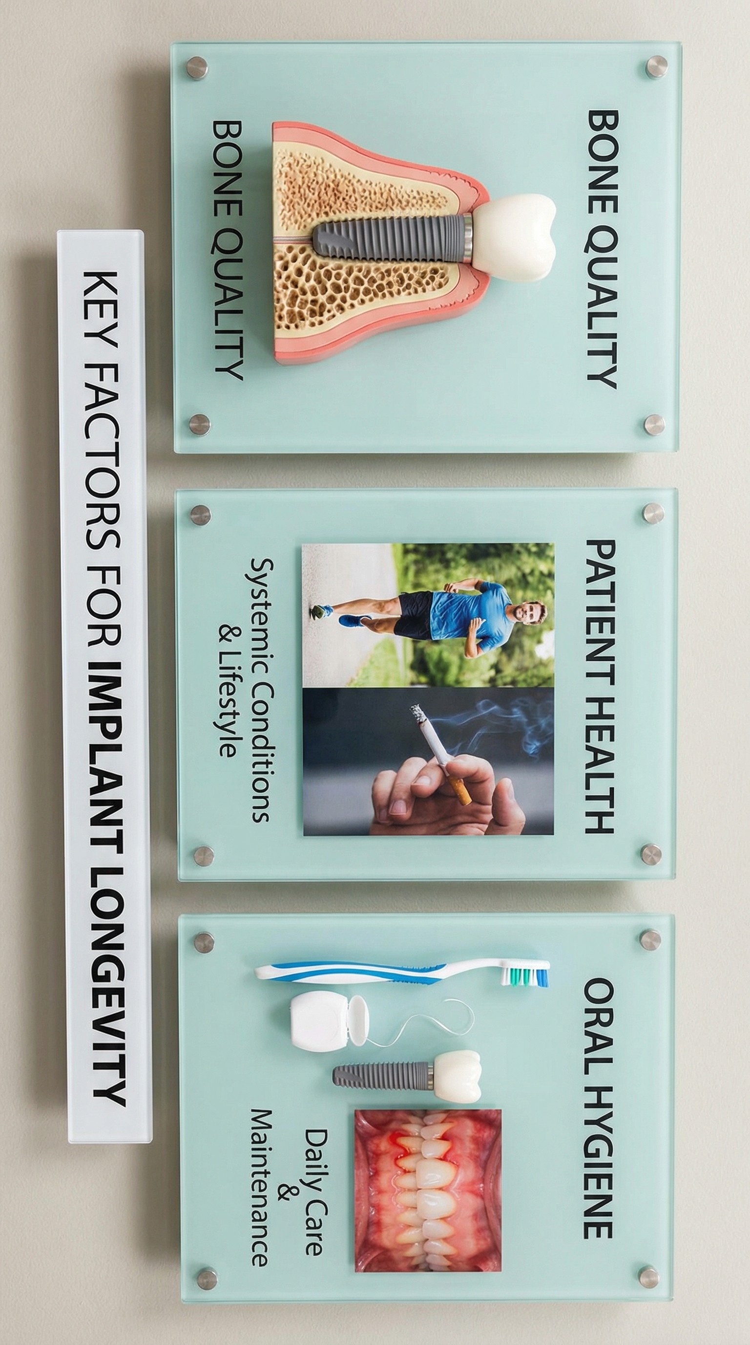 Dental implant longevity factors including bone quality, patient health, and oral hygiene.