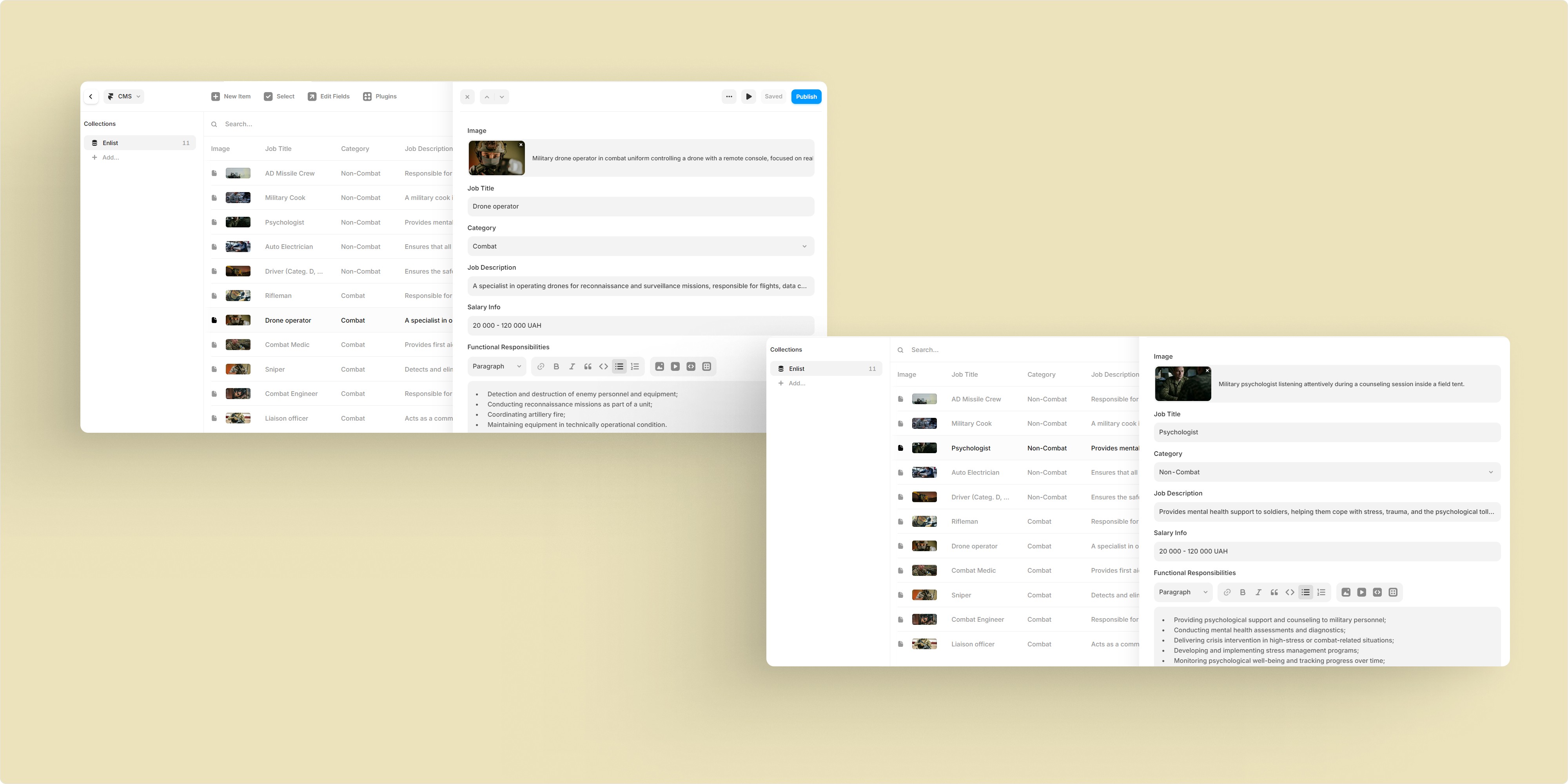 Screenshot of the Framer CMS interface showing editable recruitment content fields, including role descriptions and application details.
