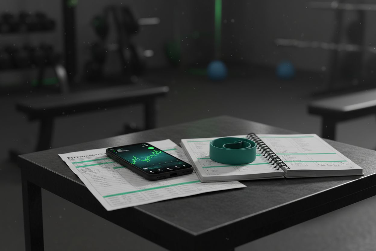 Smartphone, spreadsheet, and notebook on a gym table