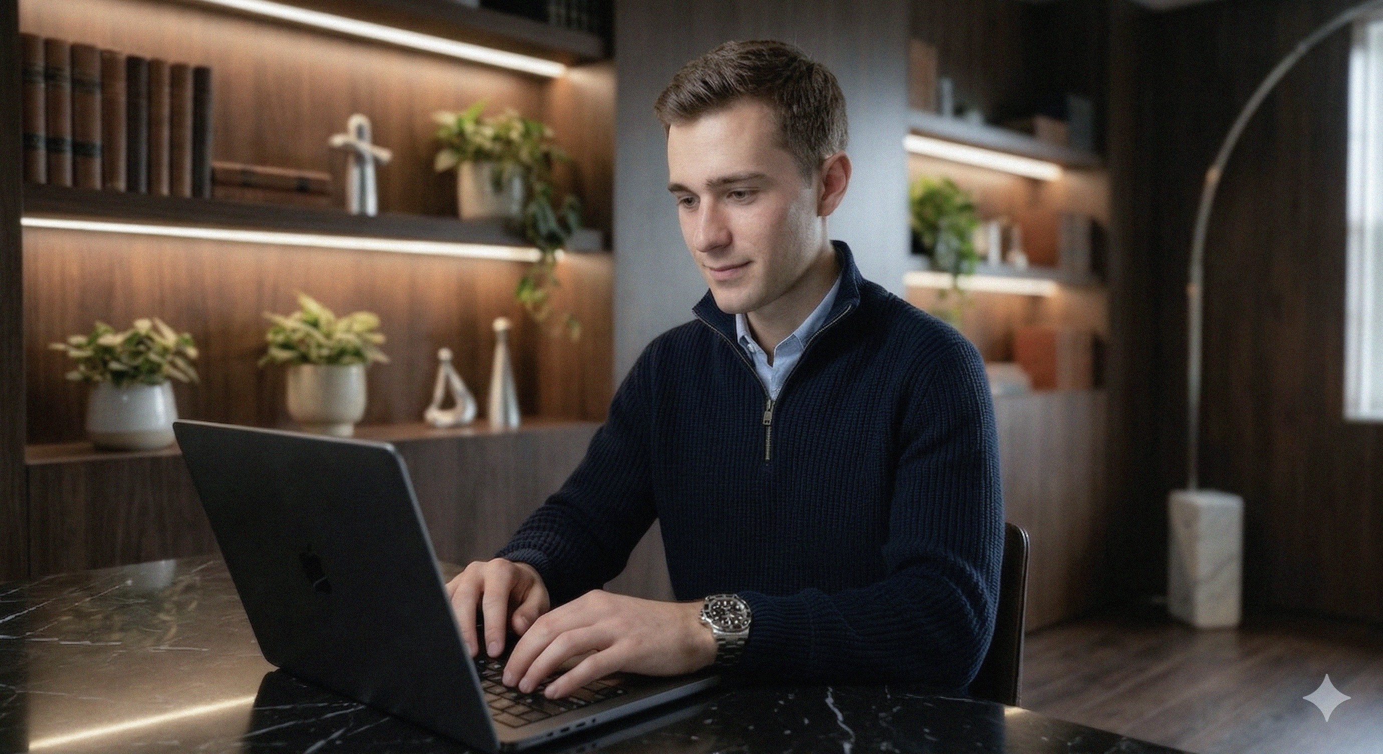 A talent recruiter with a soft smile working on her laptop in the office. The angle is on her face so we can't see what's is on the screen. She is wearing a blazer