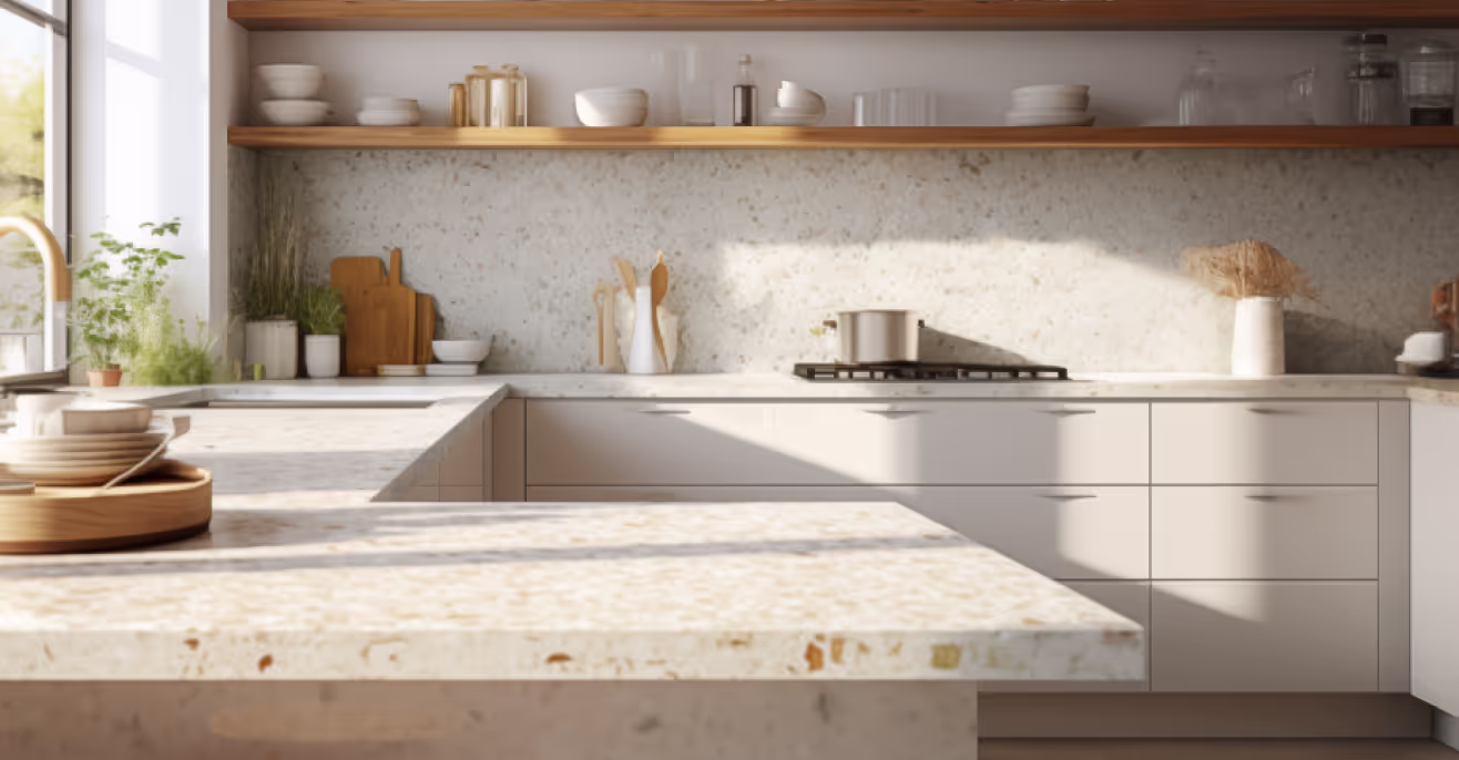 A kitchen with speckled terrazzo-style benchtops and splashback made from Green Ceramics, with timber shelving and ceramic tableware