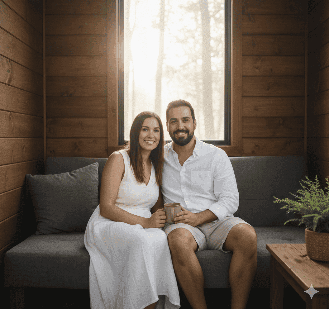 Happy couple inside cabin, smiling at camera. Man and woman sitting together