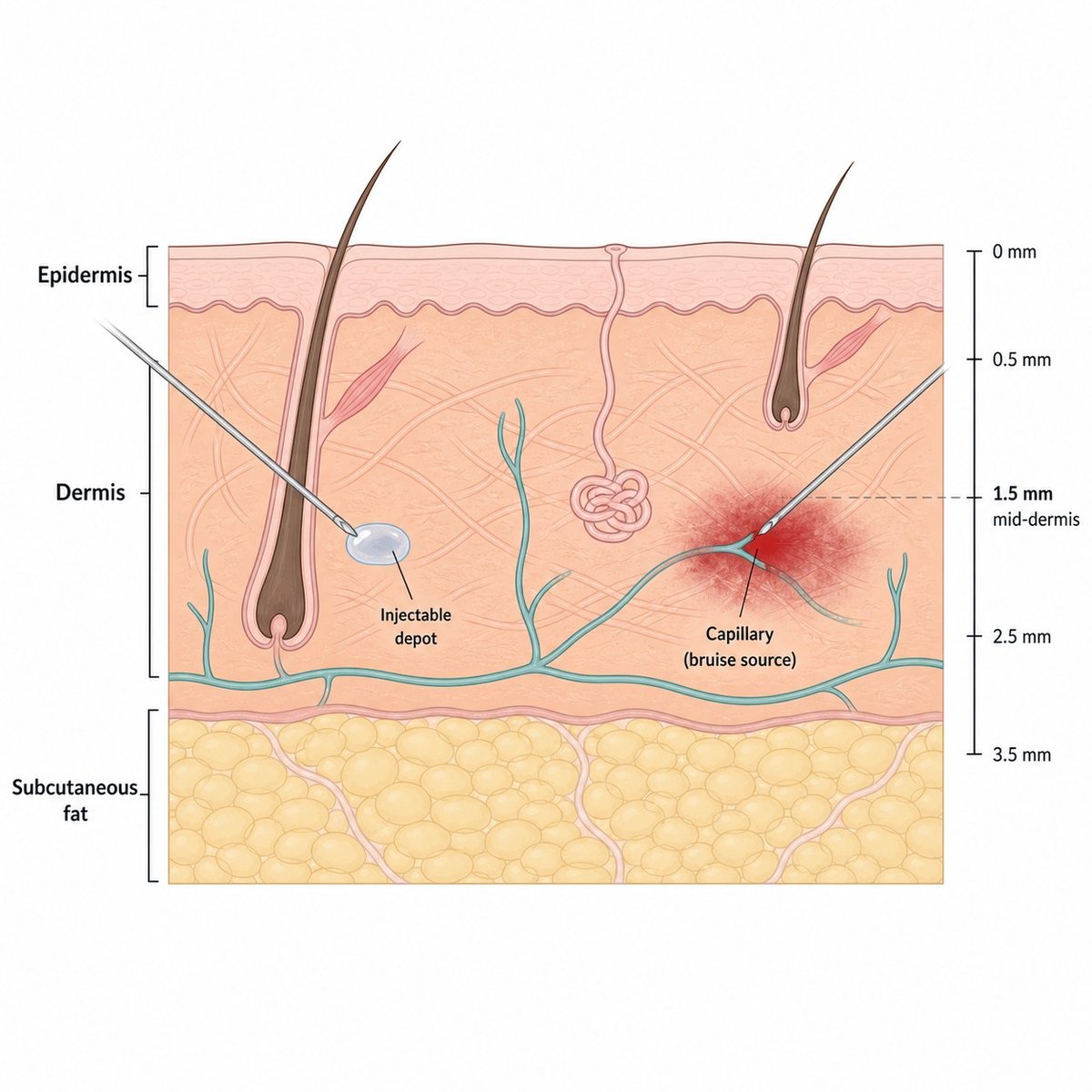 Cross-section diagram showing where injection marks and bruising form in different skin layers after skin booster treatment