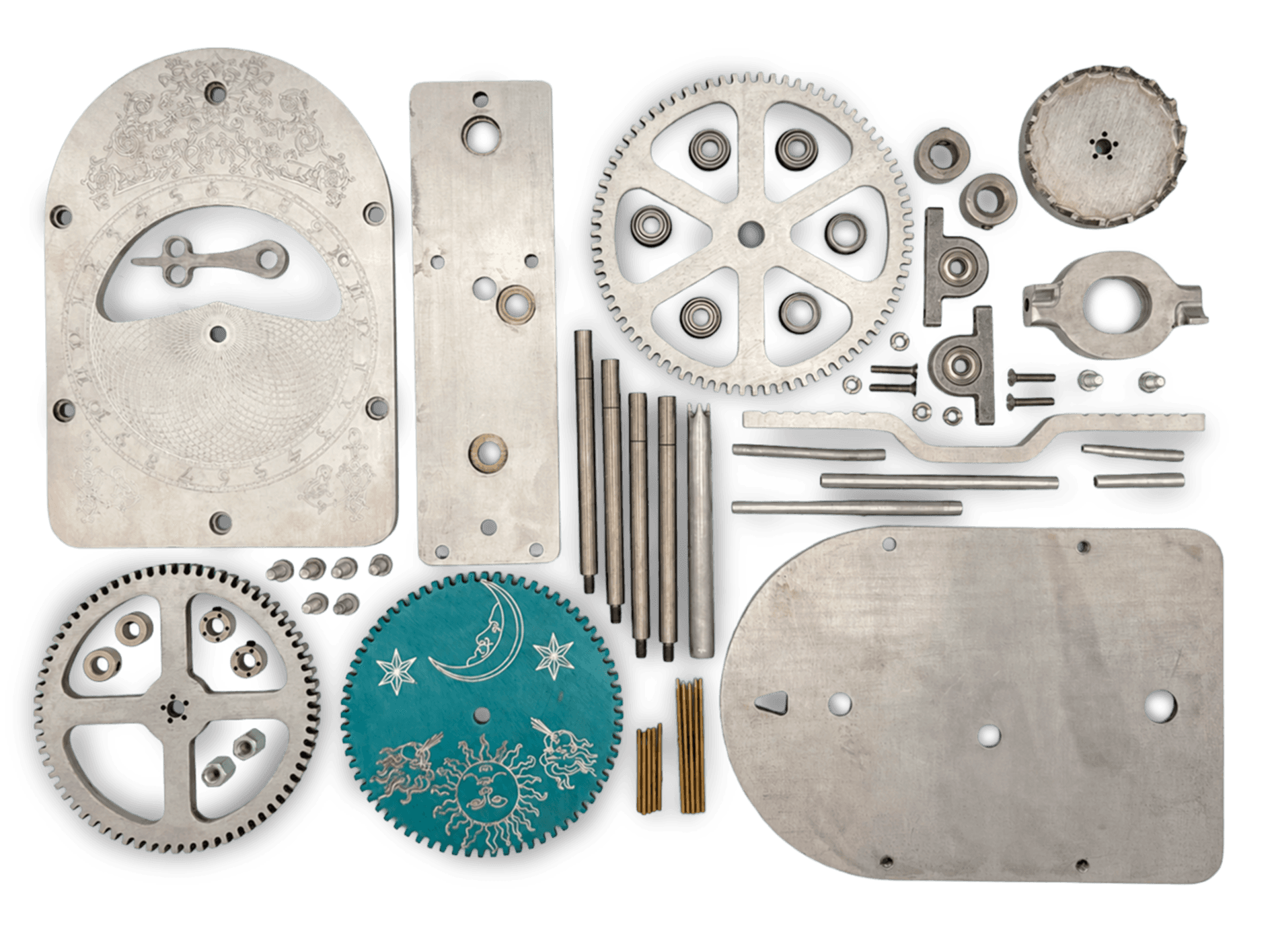 Complete arrangement of engraved plates, gears, shafts, bearings, and fasteners used to build the clock