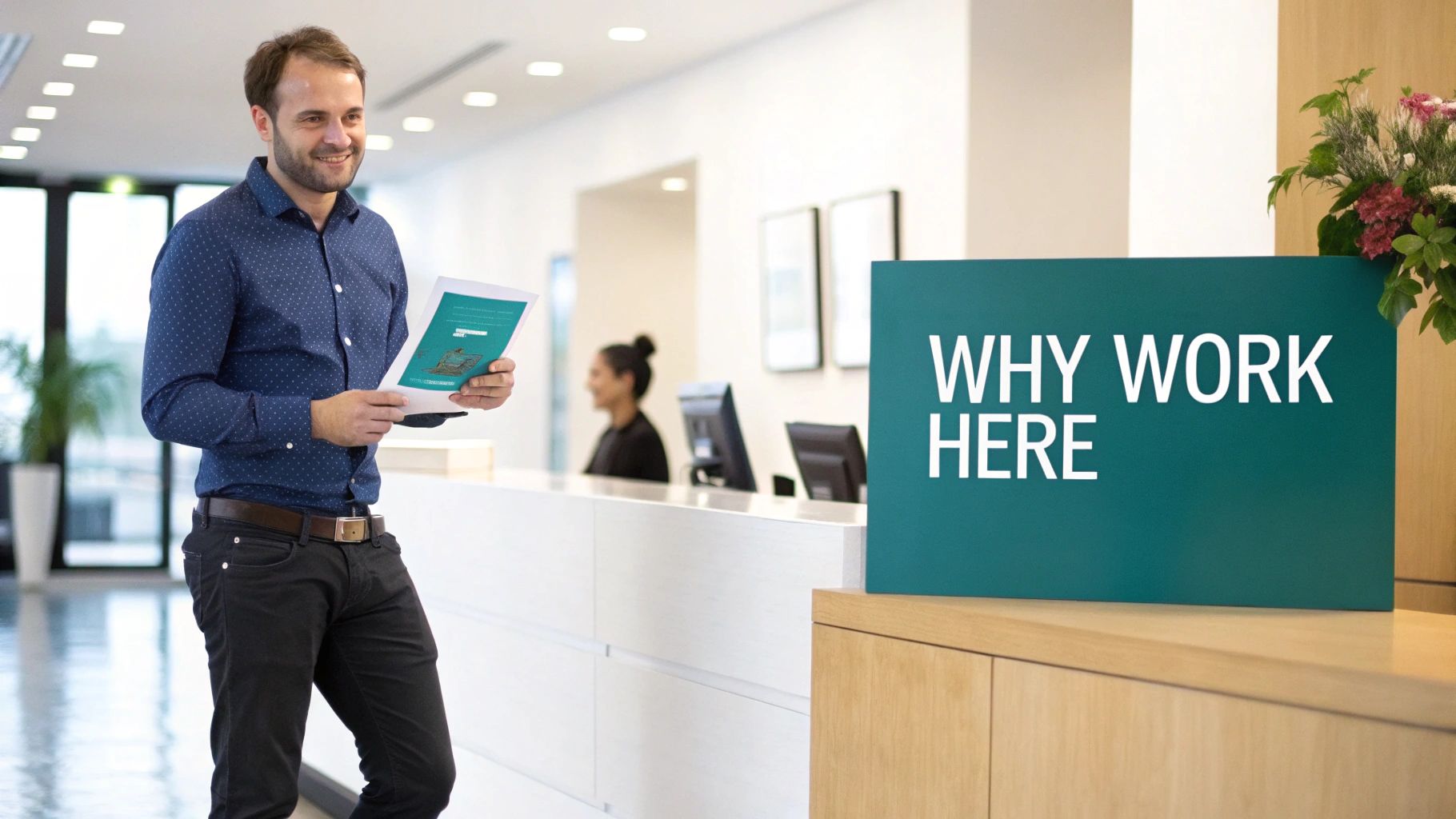 A smiling man in an office reception area holding a brochure, with a 'WHY WORK HERE' sign.