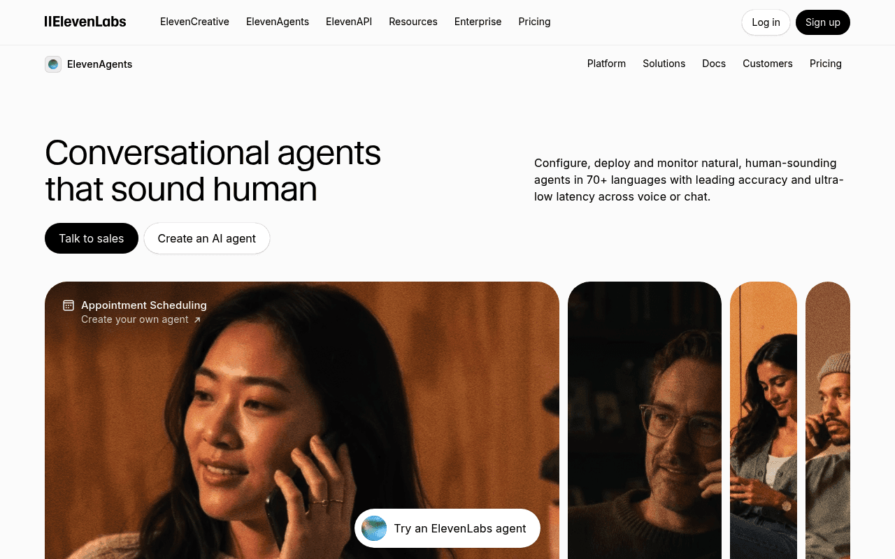 ElevenLabs conversational AI agents platform showing agent configuration and call analytics