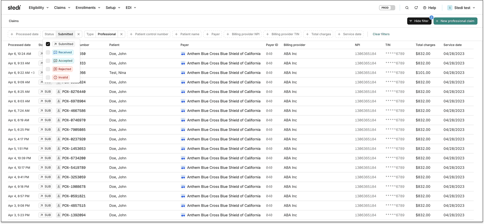 Claims view with filters